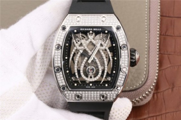 Richard Mille RM 19-01 Tourbillon SS Full Paved Diamonds Case Skeleton Spider Dial Black Rubber Strap 6T51